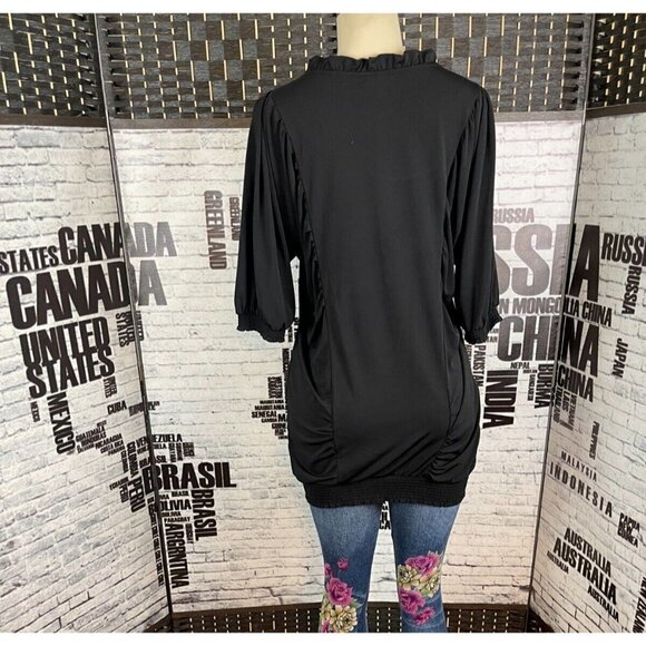 Lapis M Black Relaxed Fit Metallic Center Panel 3/4 Sleeve Shirred Hem Tunic Top - Picture 3 of 5